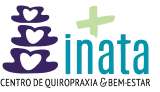 Logotipo da Inata Quiropraxia e Bem-Estar com vértebras em forma de corações e símbolo de saúde.