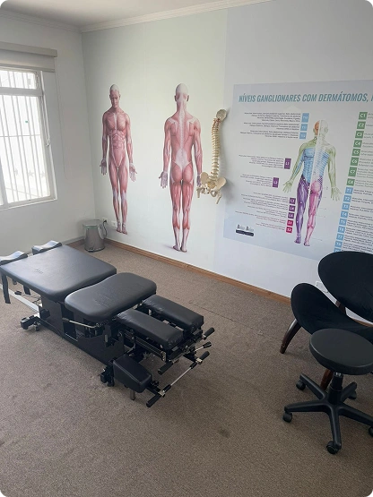 Sala de quiropraxia com maca de ajuste, pôsteres anatômicos e modelo de coluna na parede.